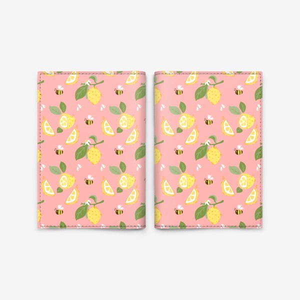 Обложка для паспорта «Лимон на розовом фоне с цветами и пчёлами»