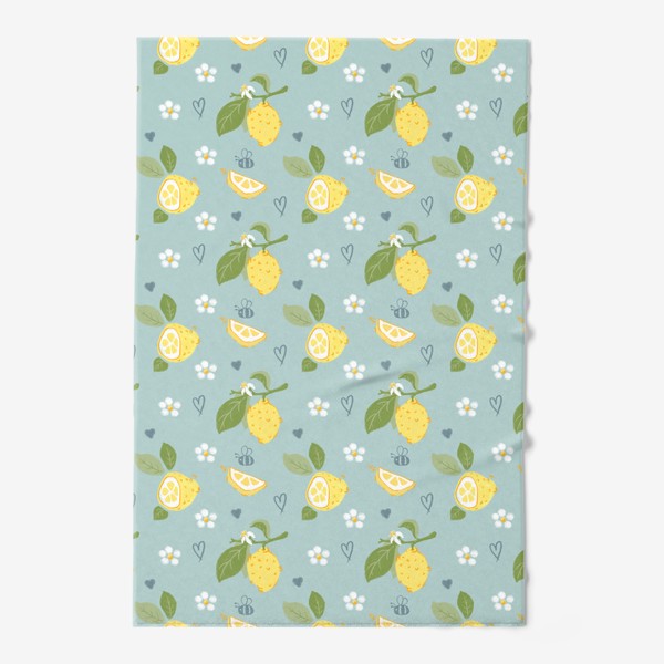 Полотенце «Лимоны на голубом фоне с пчёлами и цветами»