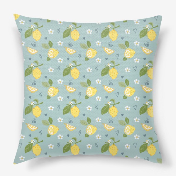 Подушка «Лимоны на голубом фоне с пчёлами и цветами»