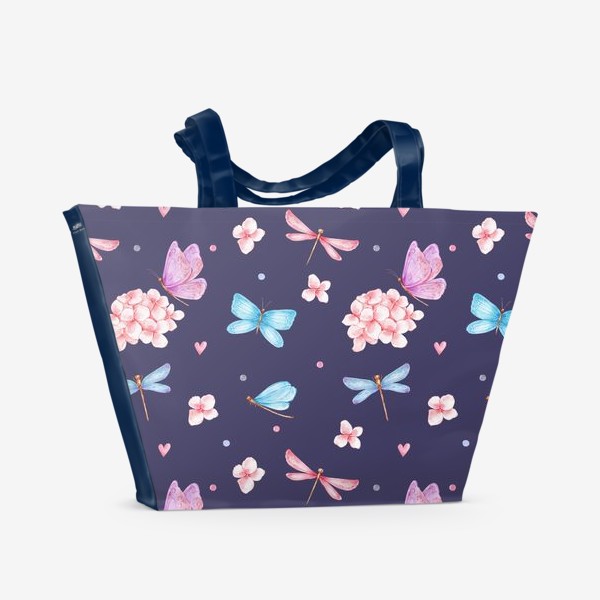 Пляжная сумка «Весенний паттерн со стрекозами и бабочками»
