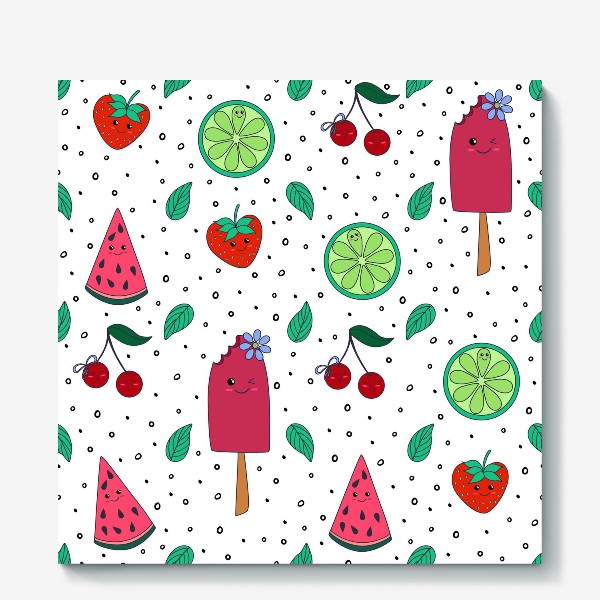 Холст «Милый узор с фруктами, ягодами и мороженым в дудл стиле»