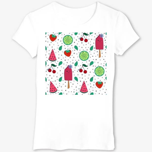 Футболка «Милый узор с фруктами, ягодами и мороженым в дудл стиле»