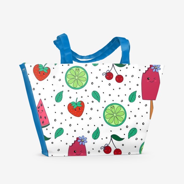 Пляжная сумка «Милый узор с фруктами, ягодами и мороженым в дудл стиле»