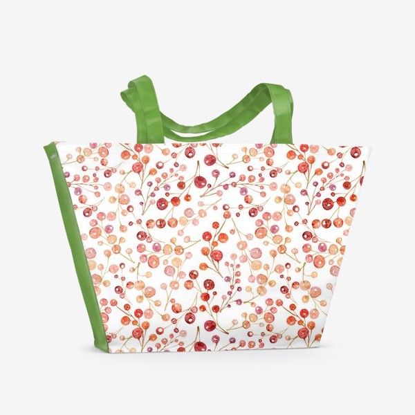 Пляжная сумка «Акварельный нарисованный вручную бесшовный фон с яркими иллюстрациями красных ягод, веточек смородины»