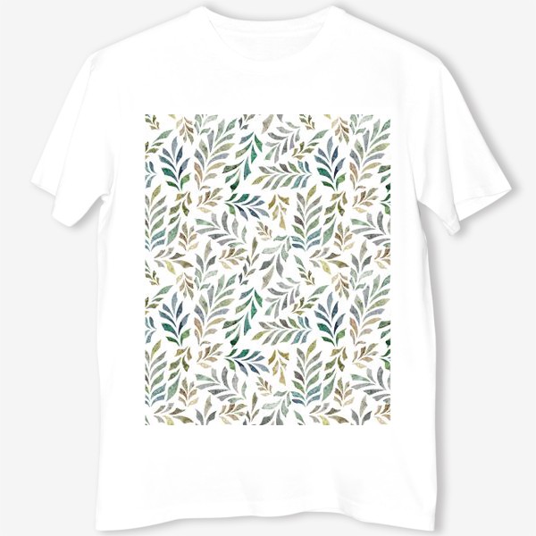 Футболка &laquo;Акварельный нарисованный вручную бесшовный фон с яркими иллюстрациями веточек с зелеными листьями. Флористический узор&raquo;