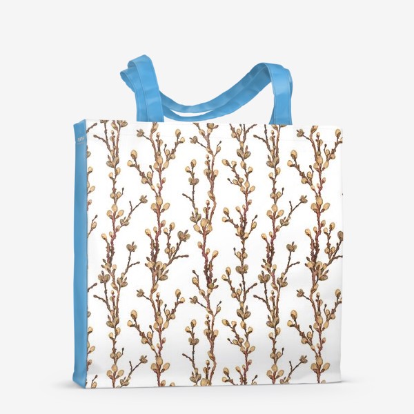 Сумка-шоппер «Акварельный нарисованный вручную бесшовный фон с яркими иллюстрациями весенних веточек вербы на белом фоне. Пасха»