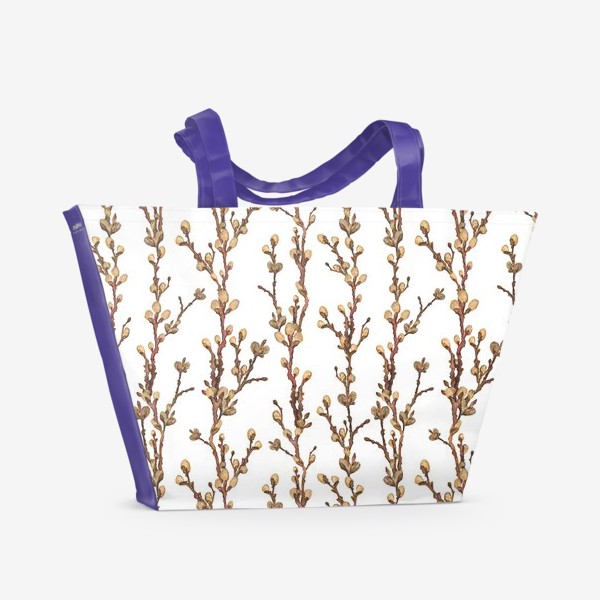Пляжная сумка «Акварельный нарисованный вручную бесшовный фон с яркими иллюстрациями весенних веточек вербы на белом фоне. Пасха»