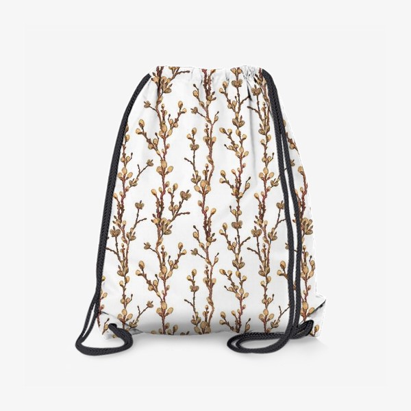 Рюкзак «Акварельный нарисованный вручную бесшовный фон с яркими иллюстрациями весенних веточек вербы на белом фоне. Пасха»