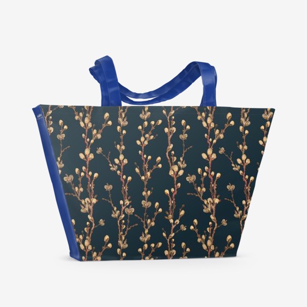 Пляжная сумка «Акварельный нарисованный вручную бесшовный фон с яркими иллюстрациями весенних веточек вербы на темном синем фоне. Пасха»