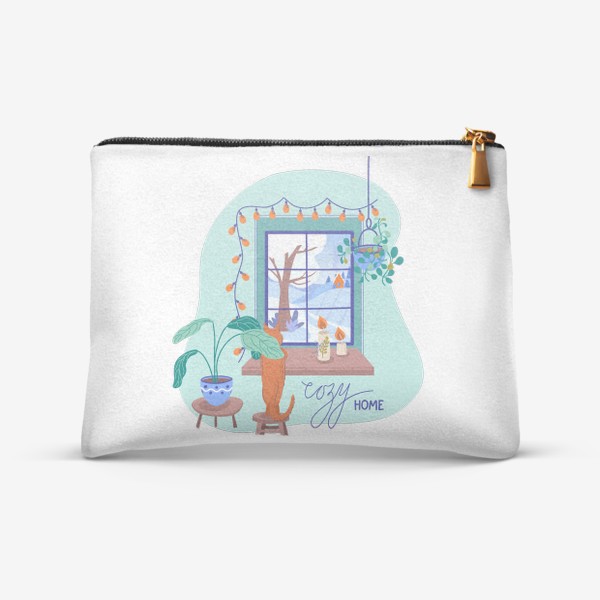 Косметичка «Cozy home. Уютная иллюстрация с окном, домашними растениями и котом»