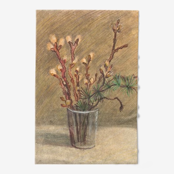Полотенце «Акварельная нарисованная вручную иллюстрация с весенними цветущими веточками вербы в стакане. Пасха»
