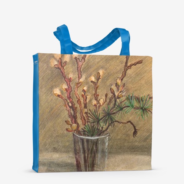 Сумка-шоппер «Акварельная нарисованная вручную иллюстрация с весенними цветущими веточками вербы в стакане. Пасха»