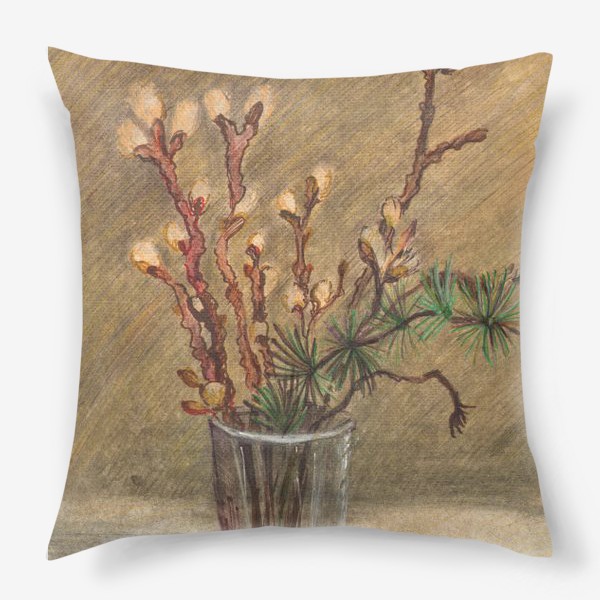 Подушка «Акварельная нарисованная вручную иллюстрация с весенними цветущими веточками вербы в стакане. Пасха»