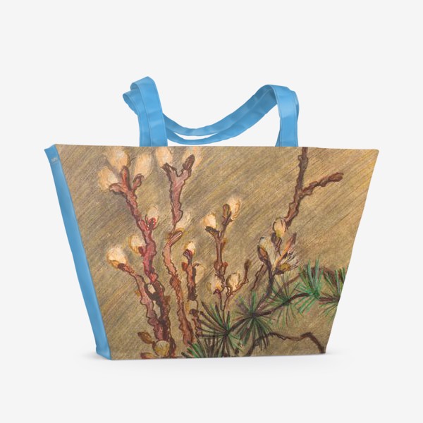 Пляжная сумка «Акварельная нарисованная вручную иллюстрация с весенними цветущими веточками вербы в стакане. Пасха»