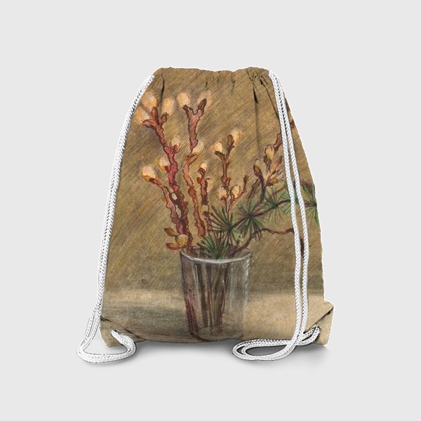 Рюкзак «Акварельная нарисованная вручную иллюстрация с весенними цветущими веточками вербы в стакане. Пасха»