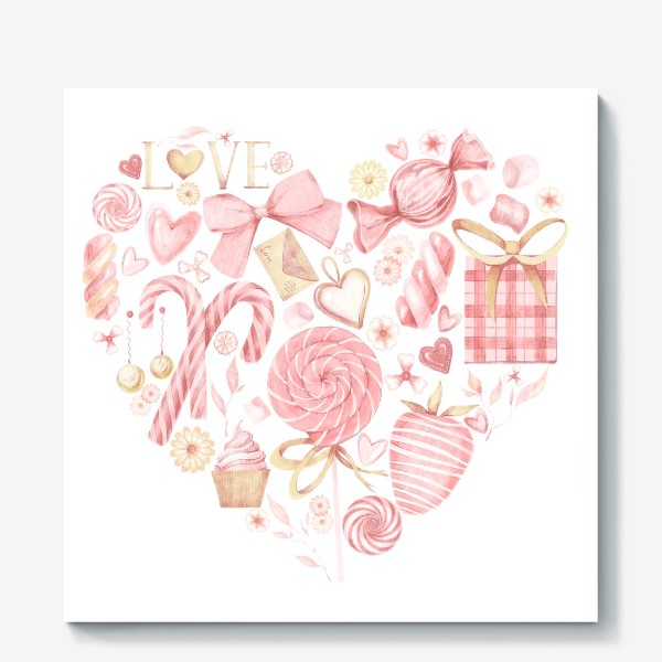 Холст &laquo;Акварельная нарисованная вручную яркая иллюстрация сердца с подарками ко дню святого Валентина. День влюбленных&raquo;