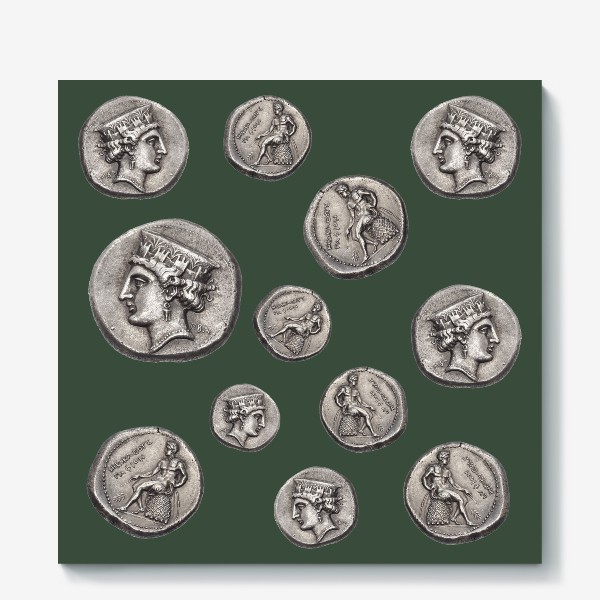 Холст «Полина Рахманова, монеты, голова Афродиты и обнаженный Аполлон (оливковый)»