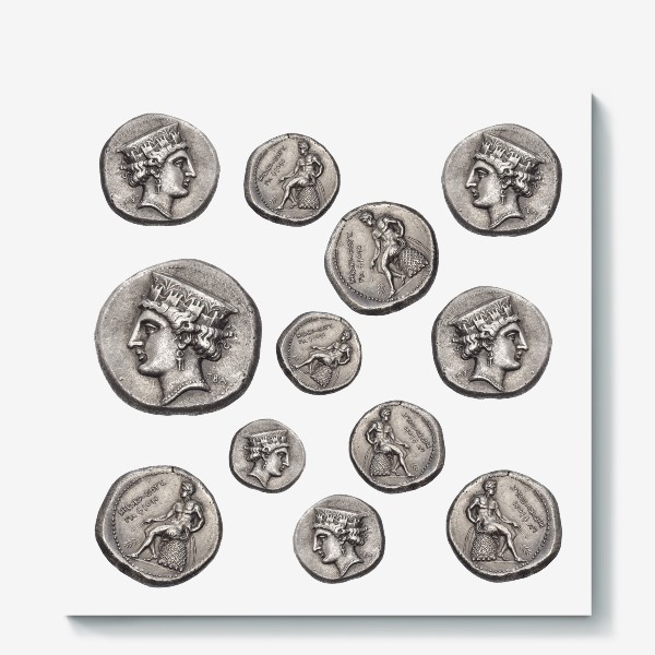 Холст «Полина Рахманова, монеты, голова Афродиты и обнаженный Аполлон (прозрачный фон)»