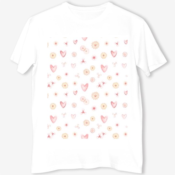 Футболка &laquo;Акварельный нарисованный вручную бесшовный фон, иллюстрации розовых сердец, цветов, день святого Валентина, влюбленных&raquo;