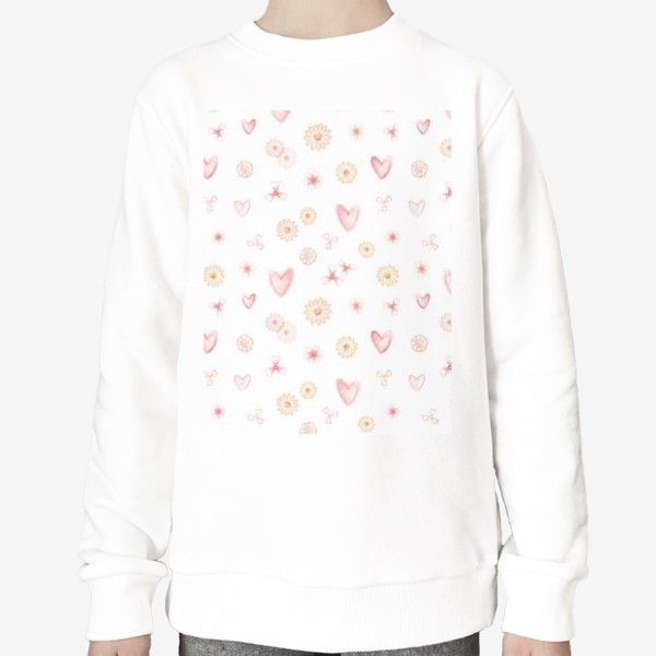 Свитшот &laquo;Акварельный нарисованный вручную бесшовный фон, иллюстрации розовых сердец, цветов, день святого Валентина, влюбленных&raquo;