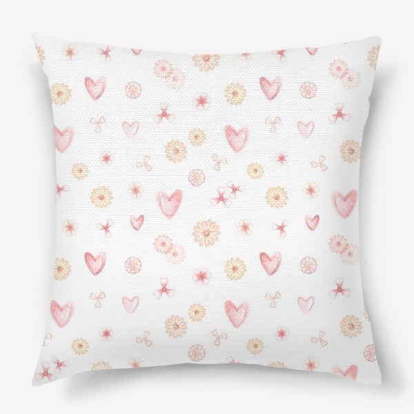 Подушка «Акварельный нарисованный вручную бесшовный фон, иллюстрации розовых сердец, цветов, день святого Валентина, влюбленных»