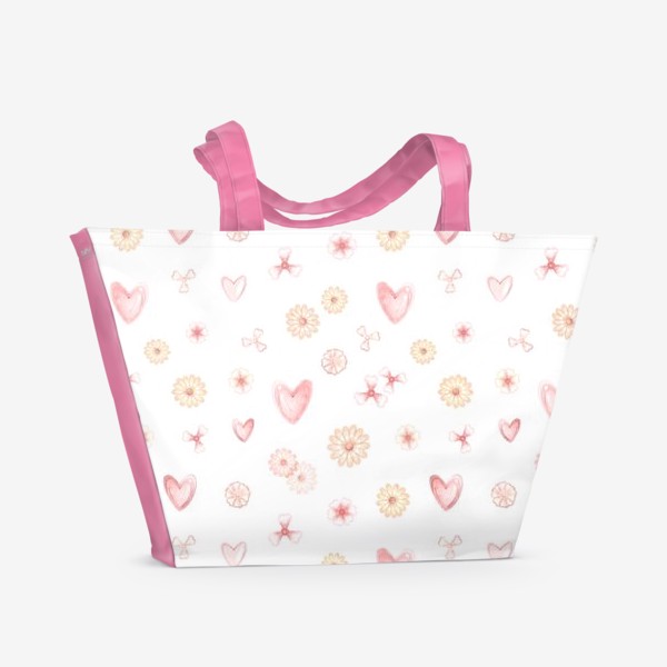 Пляжная сумка &laquo;Акварельный нарисованный вручную бесшовный фон, иллюстрации розовых сердец, цветов, день святого Валентина, влюбленных&raquo;