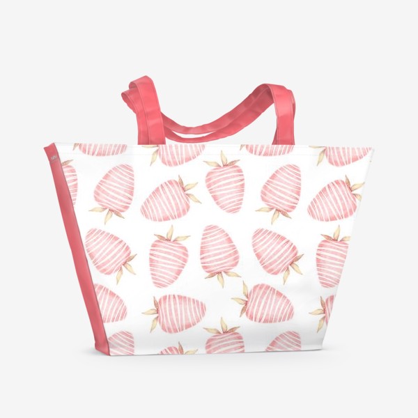 Пляжная сумка «Акварельный нарисованный вручную бесшовный фон, иллюстрации розовой клубники в шоколаде, день Валентина, влюбленных»
