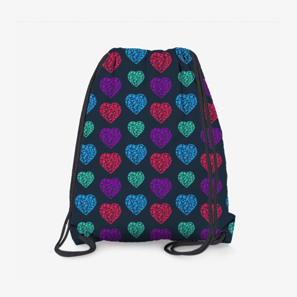 Рюкзак «Романтический паттерн с разноцветными сердечками на тёмном фоне»