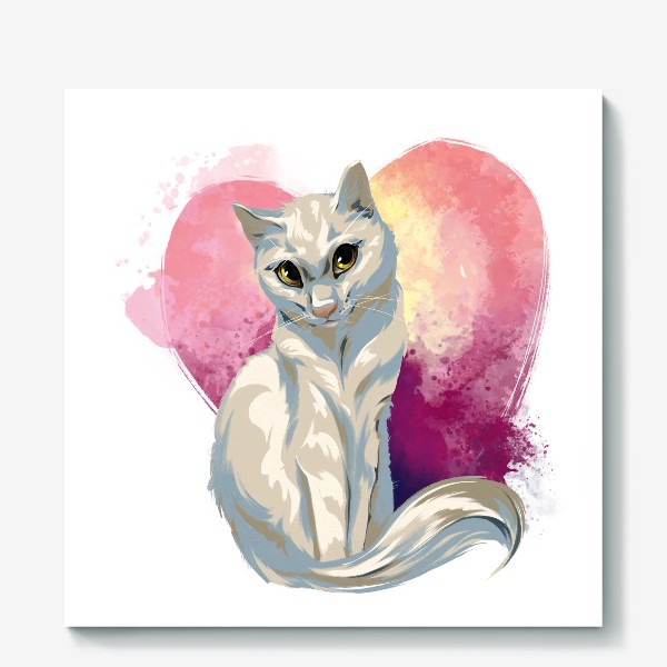Холст «белый котик на фоне сердца»