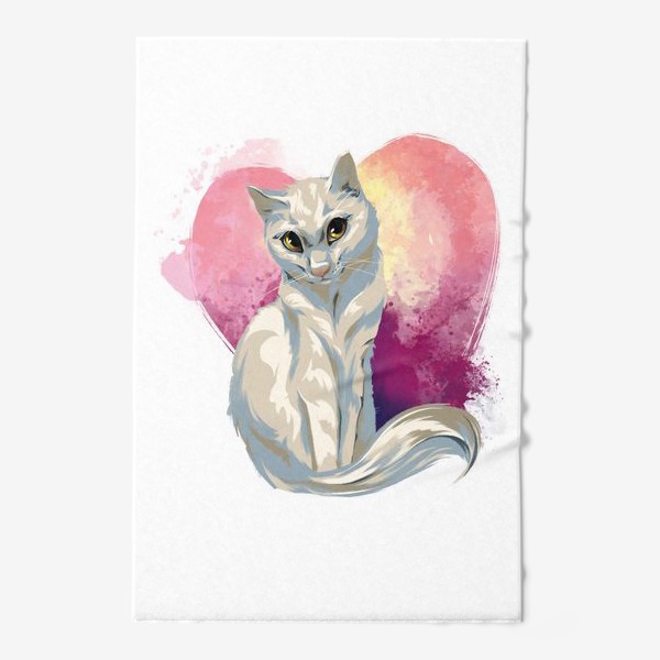 Полотенце «белый котик на фоне сердца»