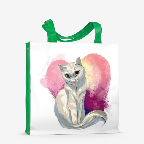 Сумка-шоппер «белый котик на фоне сердца»