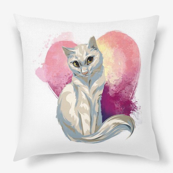 Подушка «белый котик на фоне сердца»