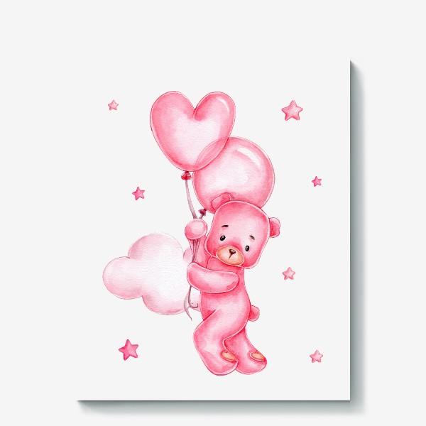 Холст &laquo;Розовый мишка летит на розовых воздушных шарах среди розовых облаков. 14 февраля&raquo;
