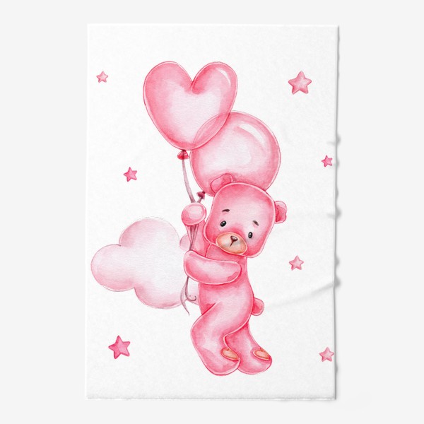 Полотенце «Розовый мишка летит на розовых воздушных шарах среди розовых облаков. 14 февраля»
