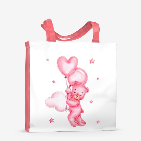 Сумка-шоппер «Розовый мишка летит на розовых воздушных шарах среди розовых облаков. 14 февраля»