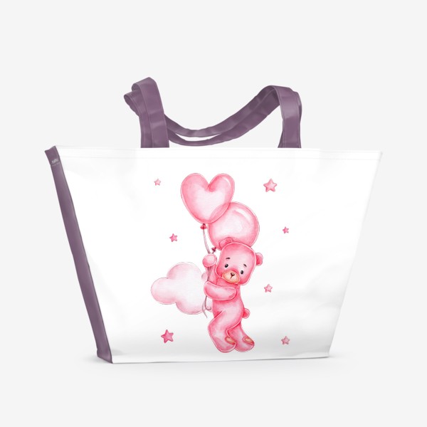 Пляжная сумка &laquo;Розовый мишка летит на розовых воздушных шарах среди розовых облаков. 14 февраля&raquo;