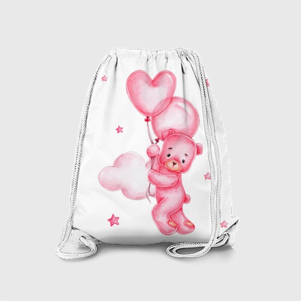 Рюкзак «Розовый мишка летит на розовых воздушных шарах среди розовых облаков. 14 февраля»