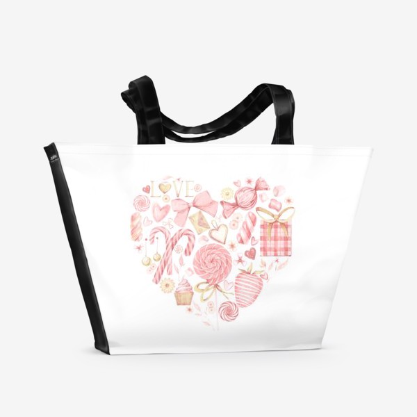 Пляжная сумка «Акварельная нарисованная вручную яркая иллюстрация сердца с подарками ко дню святого Валентина. День влюбленных»
