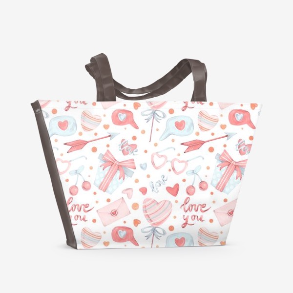 Пляжная сумка &laquo;Акварельный нарисованный вручную бесшовный фон, яркие иллюстрации, день Валентина, влюбленных. Стрела, смс, сердце&raquo;