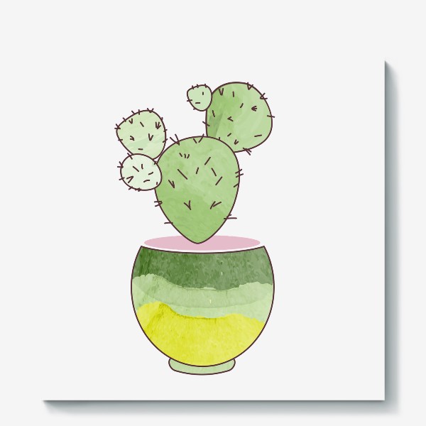 Холст «Зеленый кактус в горшке. Акварельный принт. Комнатные растения. »