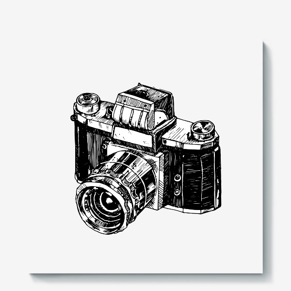 Холст «Винтажный фотоаппарат, ретро скетч. Черно-белый принт.»