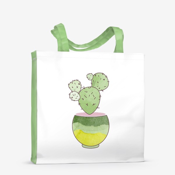 Сумка-шоппер &laquo;Зеленый кактус в горшке. Акварельный принт. Комнатные растения. &raquo;