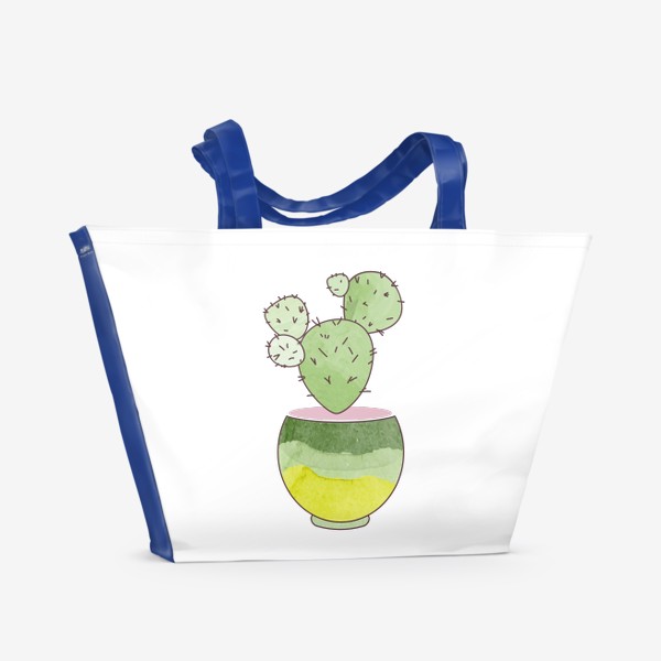 Пляжная сумка «Зеленый кактус в горшке. Акварельный принт. Комнатные растения. »