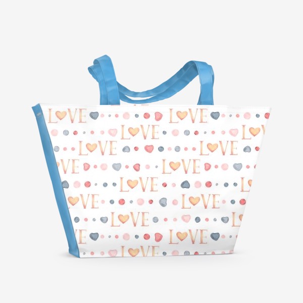 Пляжная сумка «Акварельный нарисованный вручную бесшовный фон, яркие иллюстрации надписи Love и сердец, день Валентина. День влюбленных»