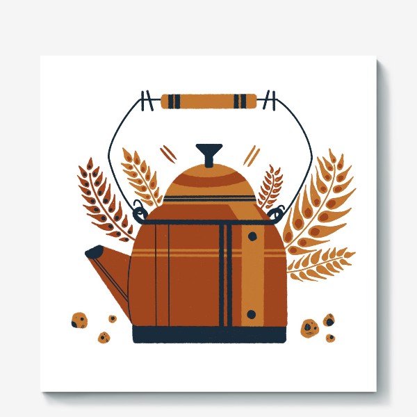 Холст «Акварельная нарисованная вручную яркая иллюстрация, милый чайник, веточки  пшеницы, ржи. Чаепитие»