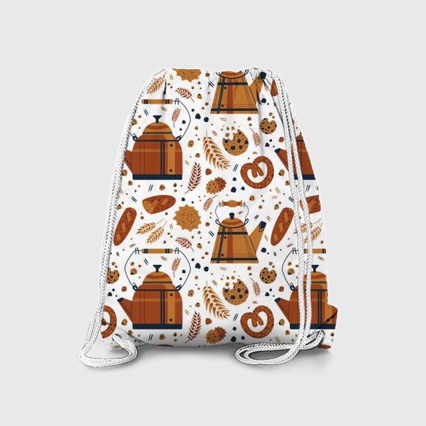 Рюкзак «Акварельный нарисованный вручную бесшовный фон, яркие иллюстрации милых чайников, печеньев, кренделей. Чаепитие»