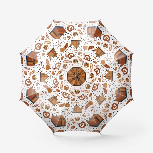 Зонт «Акварельный нарисованный вручную бесшовный фон, яркие иллюстрации милых чайников, печеньев, кренделей. Чаепитие»