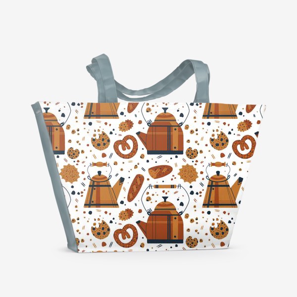 Пляжная сумка «Акварельный нарисованный вручную бесшовный фон, яркие иллюстрации милых чайников, печеньев, кренделей. Чаепитие»