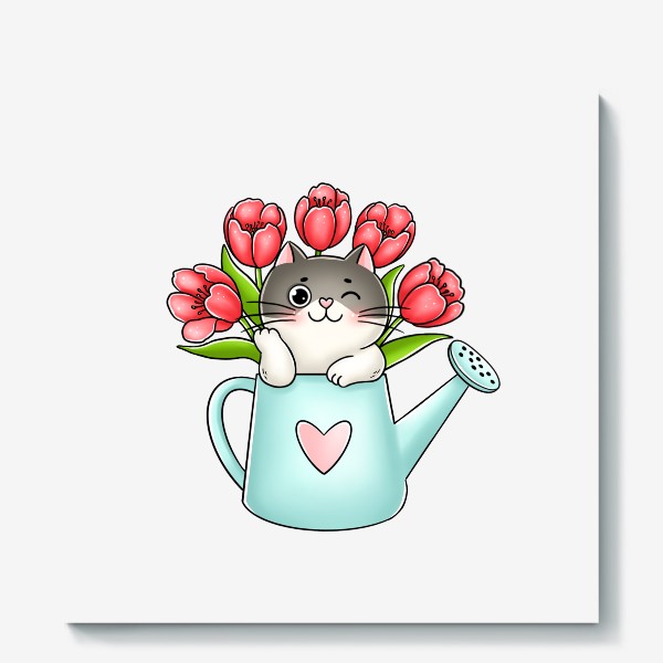 Холст «Котик с тюльпанами(8 марта)»