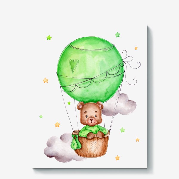 Холст «Мишка летит в зеленом воздушном шаре»